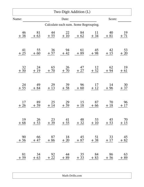 The Two-Digit Addition With Some Regrouping – 64 Questions (L) Math Worksheet