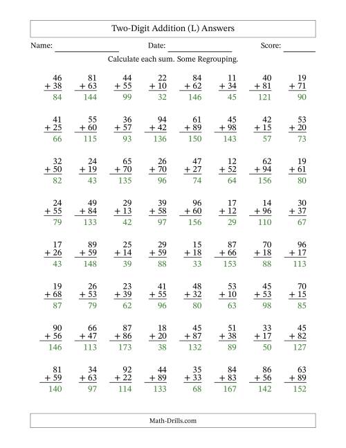 The Two-Digit Addition With Some Regrouping – 64 Questions (L) Math Worksheet Page 2