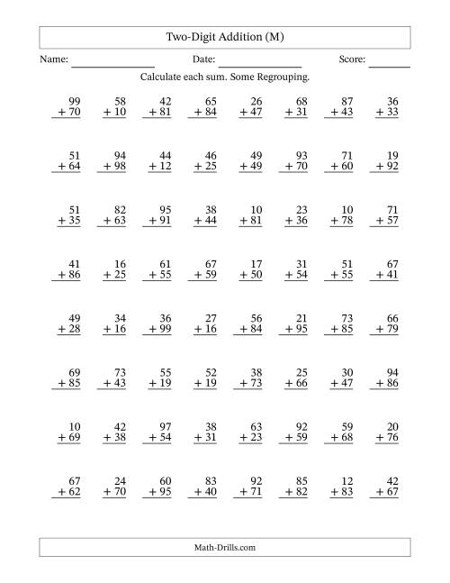 The Two-Digit Addition With Some Regrouping – 64 Questions (M) Math Worksheet