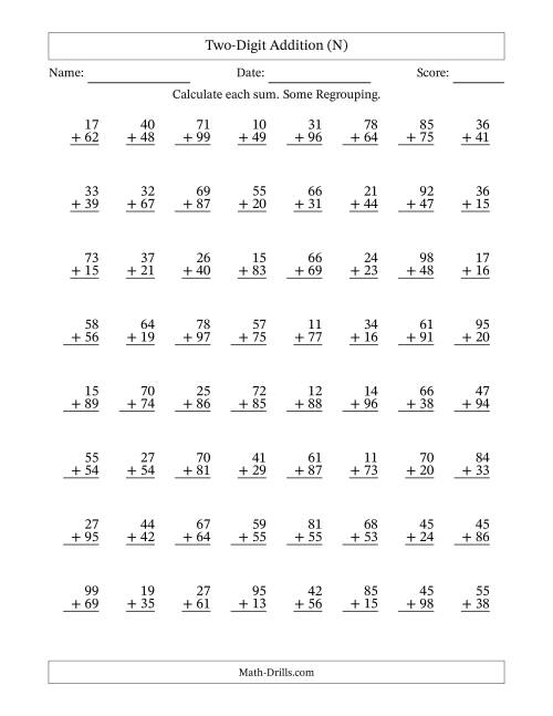The Two-Digit Addition With Some Regrouping – 64 Questions (N) Math Worksheet