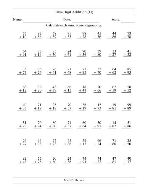 The Two-Digit Addition With Some Regrouping – 64 Questions (O) Math Worksheet