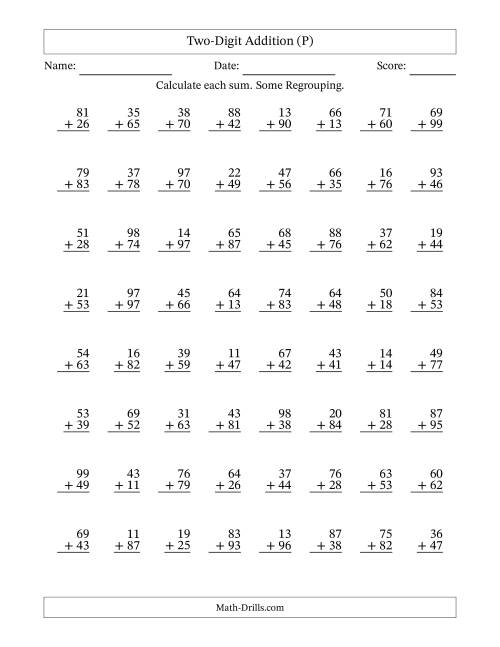 The Two-Digit Addition With Some Regrouping – 64 Questions (P) Math Worksheet