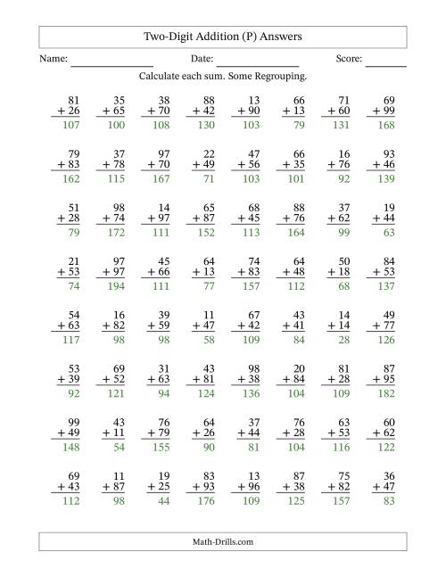 The Two-Digit Addition With Some Regrouping – 64 Questions (P) Math Worksheet Page 2