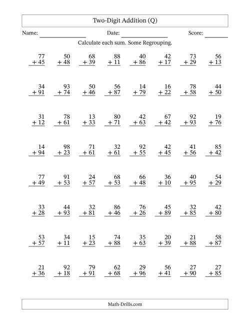 The Two-Digit Addition With Some Regrouping – 64 Questions (Q) Math Worksheet