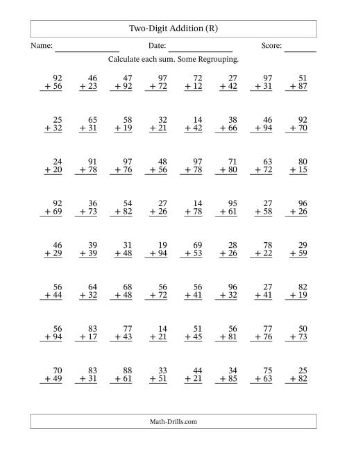 The Two-Digit Addition With Some Regrouping – 64 Questions (R) Math Worksheet