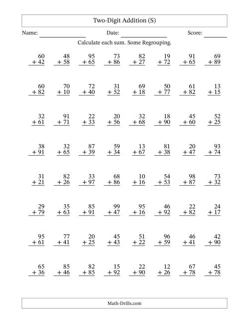 The Two-Digit Addition With Some Regrouping – 64 Questions (S) Math Worksheet