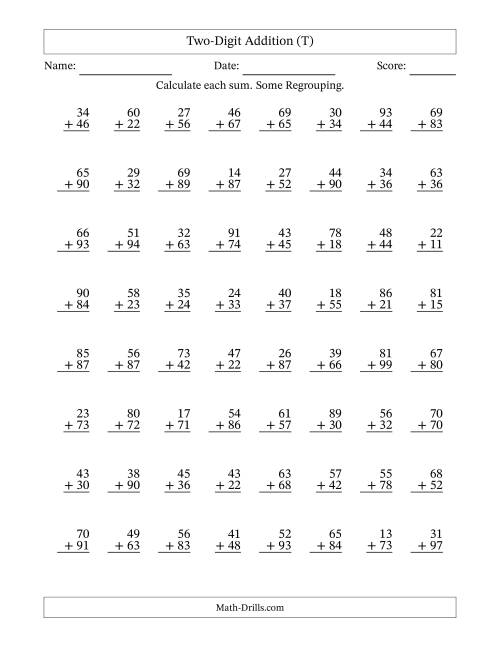 The Two-Digit Addition With Some Regrouping – 64 Questions (T) Math Worksheet