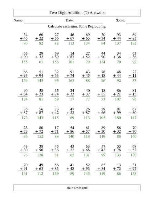 The Two-Digit Addition With Some Regrouping – 64 Questions (T) Math Worksheet Page 2