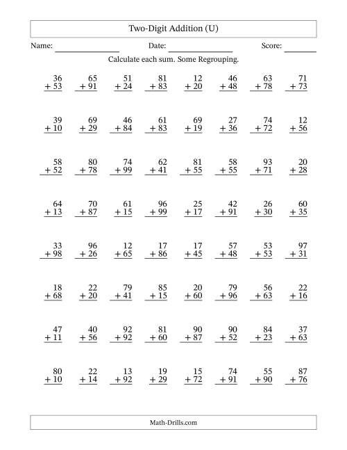 The Two-Digit Addition With Some Regrouping – 64 Questions (U) Math Worksheet
