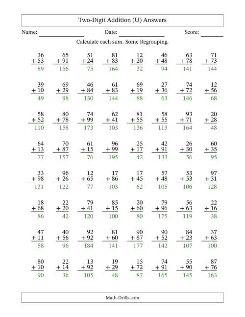 The Two-Digit Addition With Some Regrouping – 64 Questions (U) Math Worksheet Page 2