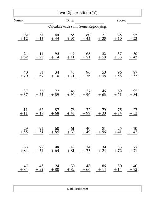 The Two-Digit Addition With Some Regrouping – 64 Questions (V) Math Worksheet