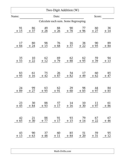The Two-Digit Addition With Some Regrouping – 64 Questions (W) Math Worksheet