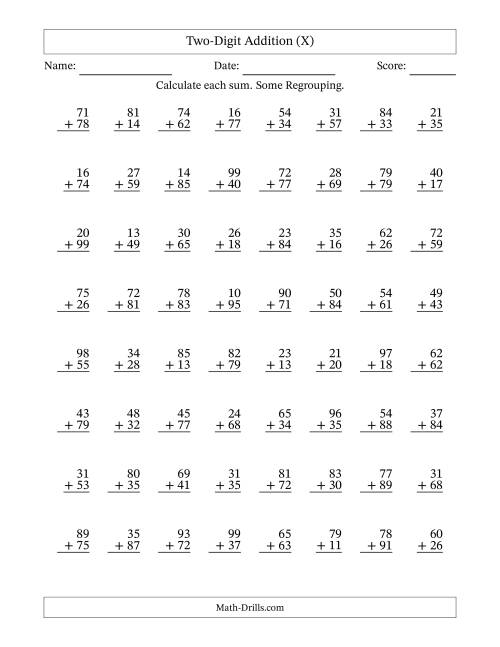 The Two-Digit Addition With Some Regrouping – 64 Questions (X) Math Worksheet