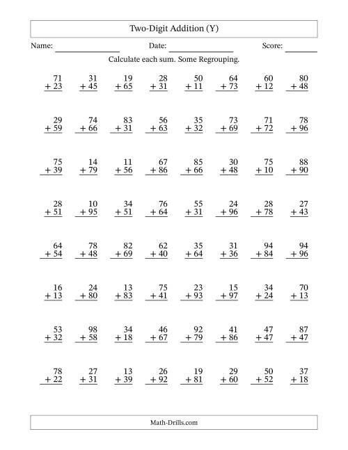 The Two-Digit Addition With Some Regrouping – 64 Questions (Y) Math Worksheet