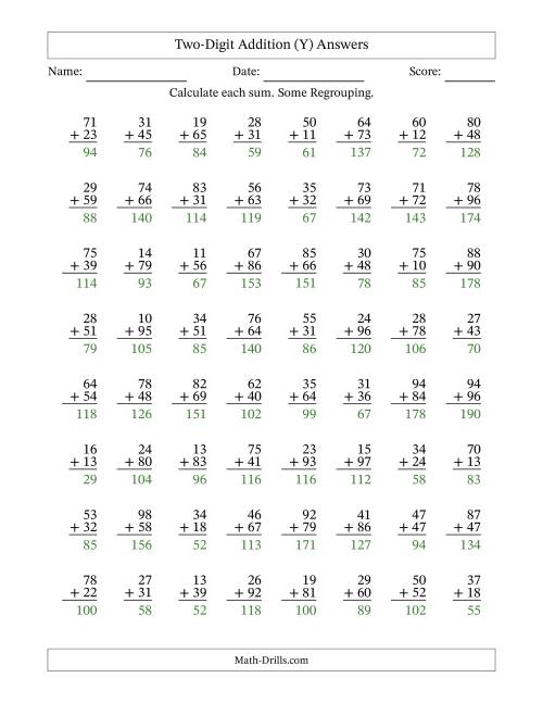 The Two-Digit Addition With Some Regrouping – 64 Questions (Y) Math Worksheet Page 2