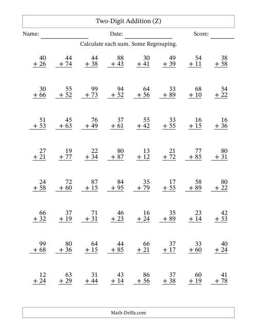 The Two-Digit Addition With Some Regrouping – 64 Questions (Z) Math Worksheet