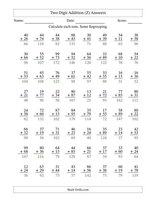 The Two-Digit Addition With Some Regrouping – 64 Questions (Z) Math Worksheet Page 2