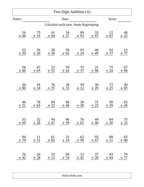 The Two-Digit Addition With Some Regrouping – 64 Questions (All) Math Worksheet