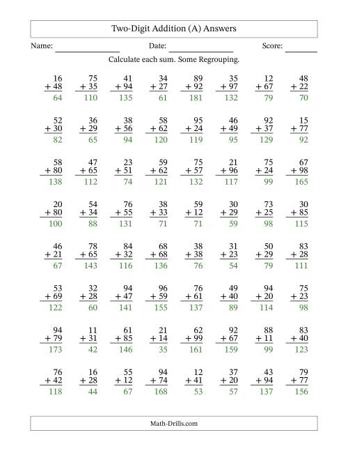 The Two-Digit Addition With Some Regrouping – 64 Questions (All) Math Worksheet Page 2