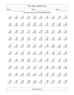 Two-Digit Addition With Some Regrouping – 100 Questions