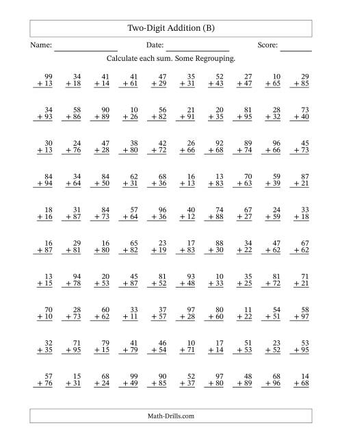 The Two-Digit Addition With Some Regrouping – 100 Questions (B) Math Worksheet