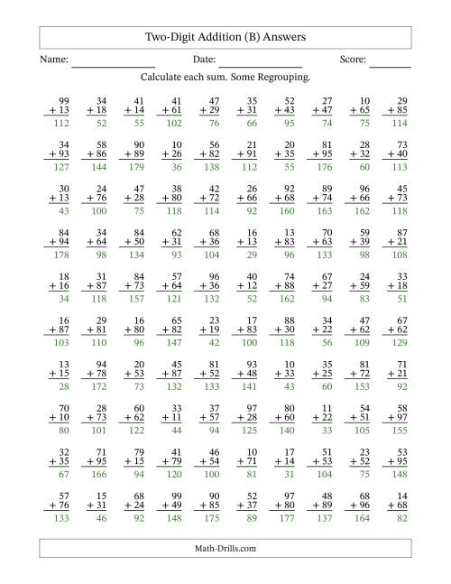 The Two-Digit Addition With Some Regrouping – 100 Questions (B) Math Worksheet Page 2