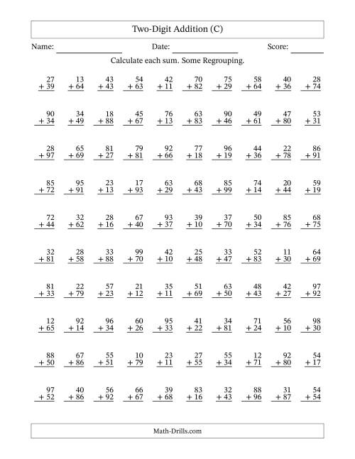 The Two-Digit Addition With Some Regrouping – 100 Questions (C) Math Worksheet