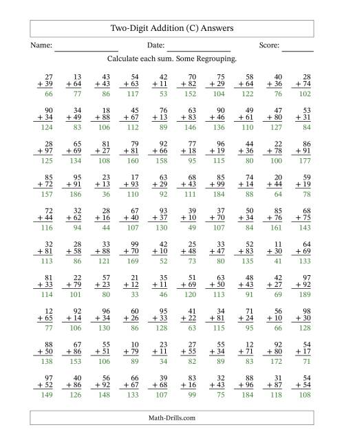 The Two-Digit Addition With Some Regrouping – 100 Questions (C) Math Worksheet Page 2