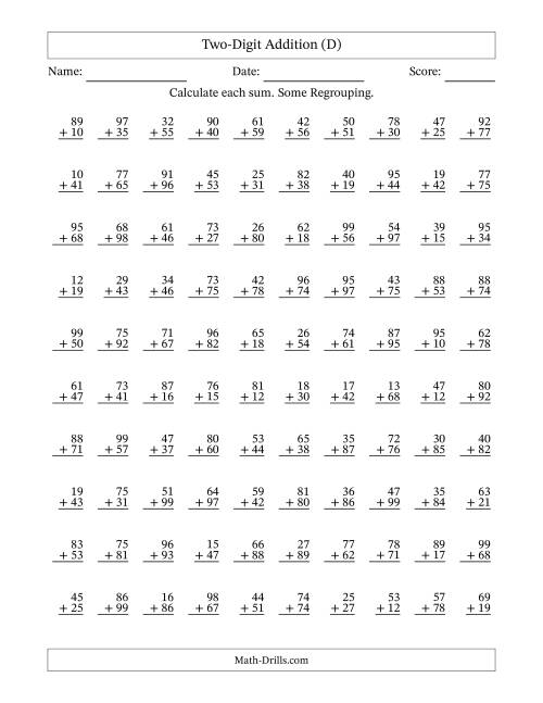 The Two-Digit Addition With Some Regrouping – 100 Questions (D) Math Worksheet