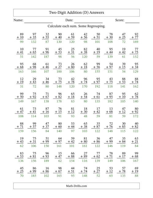 The Two-Digit Addition With Some Regrouping – 100 Questions (D) Math Worksheet Page 2