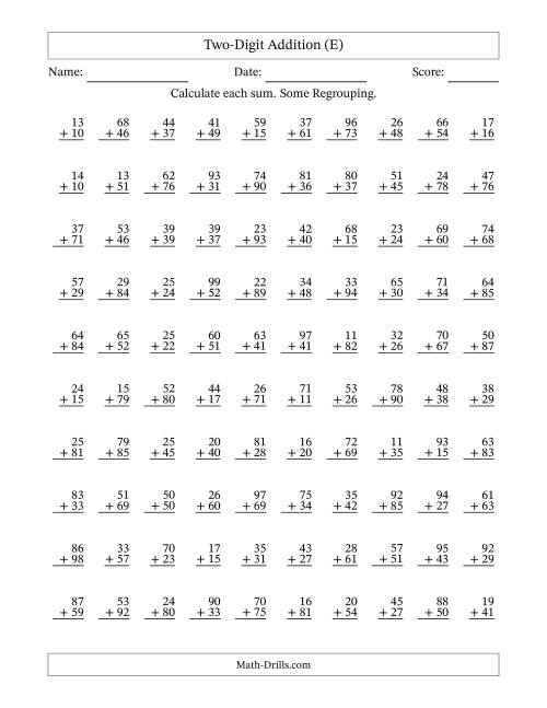 The Two-Digit Addition With Some Regrouping – 100 Questions (E) Math Worksheet