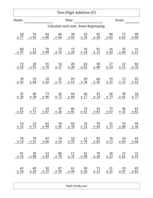 The Two-Digit Addition With Some Regrouping – 100 Questions (F) Math Worksheet