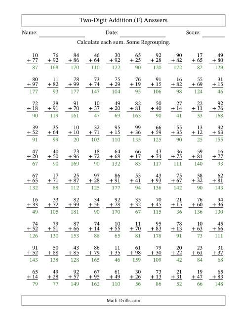 The Two-Digit Addition With Some Regrouping – 100 Questions (F) Math Worksheet Page 2