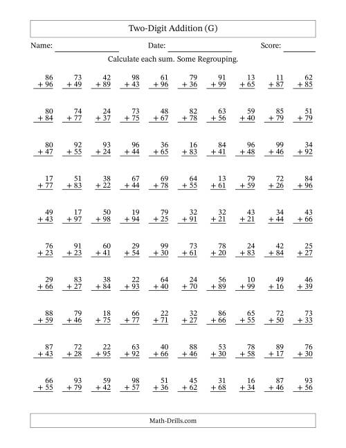 The Two-Digit Addition With Some Regrouping – 100 Questions (G) Math Worksheet