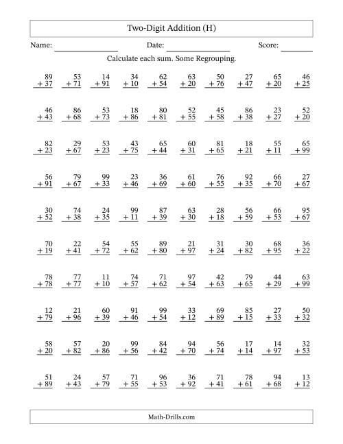 The Two-Digit Addition With Some Regrouping – 100 Questions (H) Math Worksheet
