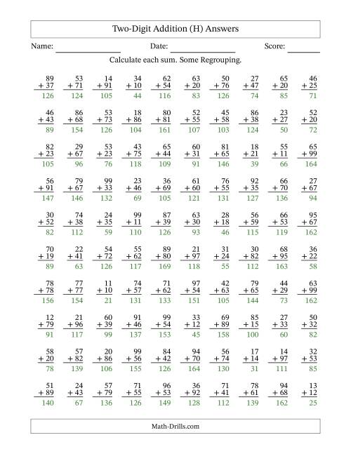 The Two-Digit Addition With Some Regrouping – 100 Questions (H) Math Worksheet Page 2