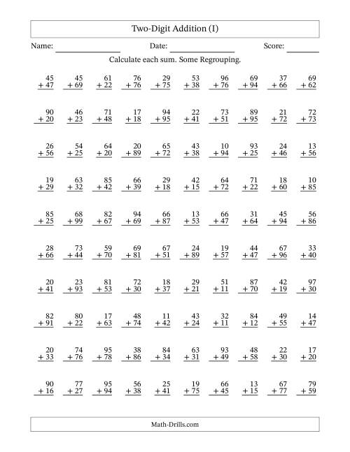 Two-Digit Addition -- Some Regrouping -- 100 Questions (I)