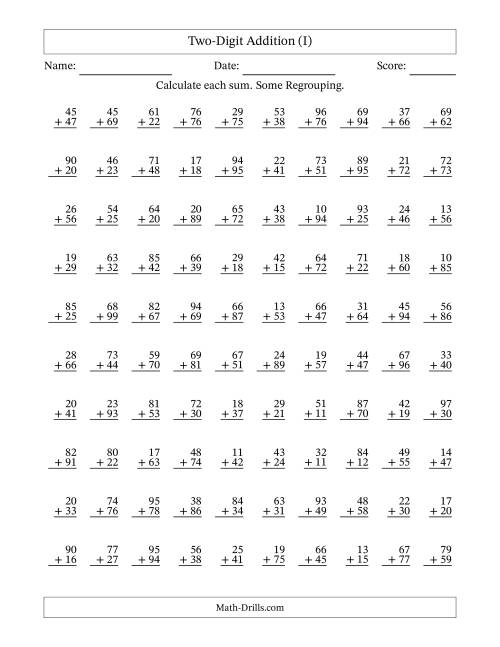 The Two-Digit Addition With Some Regrouping – 100 Questions (I) Math Worksheet