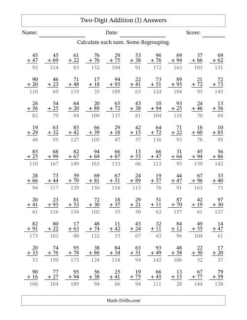 The Two-Digit Addition With Some Regrouping – 100 Questions (I) Math Worksheet Page 2