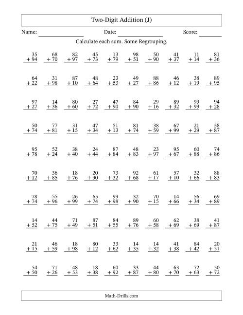 The Two-Digit Addition With Some Regrouping – 100 Questions (J) Math Worksheet