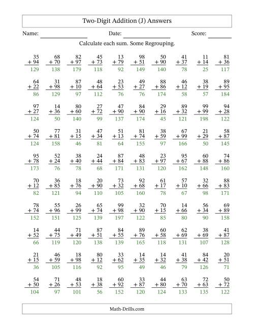 Two-Digit Addition -- Some Regrouping -- 100 Questions (J)