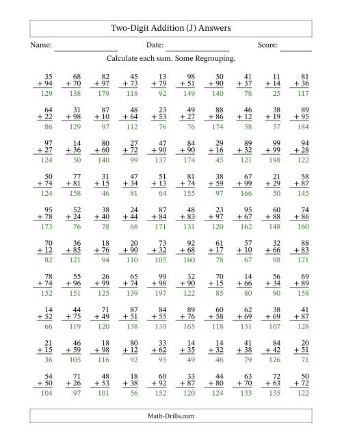 The Two-Digit Addition With Some Regrouping – 100 Questions (J) Math Worksheet Page 2