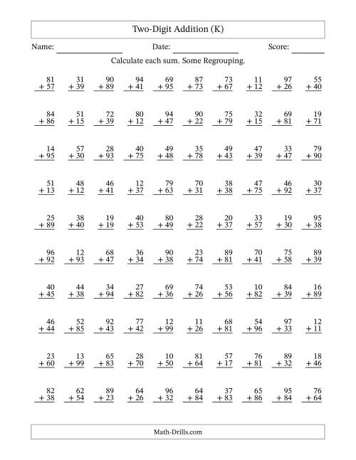 The Two-Digit Addition With Some Regrouping – 100 Questions (K) Math Worksheet
