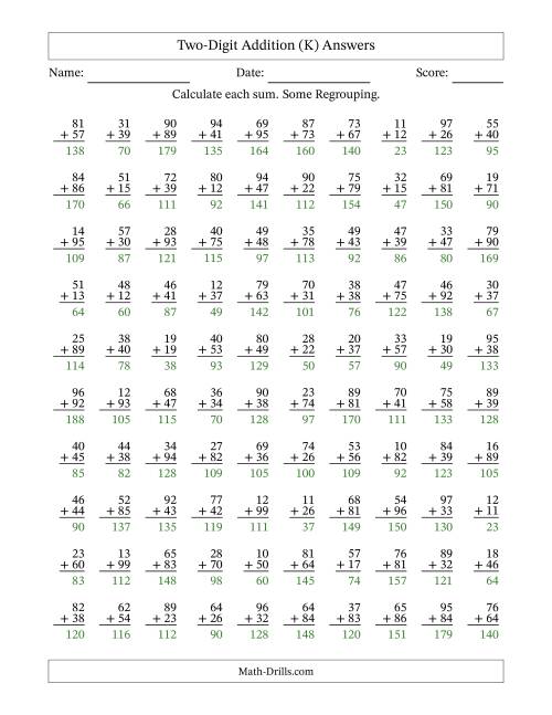 Two-Digit Addition -- Some Regrouping -- 100 Questions (K)