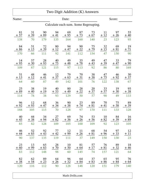 The Two-Digit Addition With Some Regrouping – 100 Questions (K) Math Worksheet Page 2