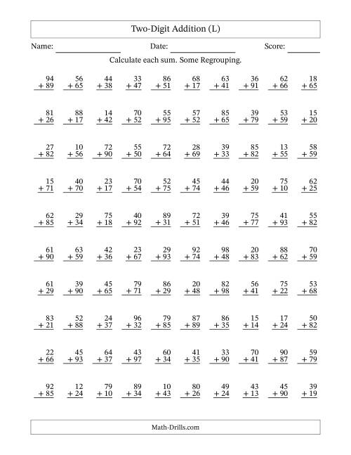 The Two-Digit Addition With Some Regrouping – 100 Questions (L) Math Worksheet