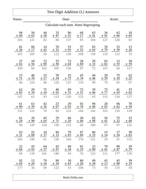 The Two-Digit Addition With Some Regrouping – 100 Questions (L) Math Worksheet Page 2