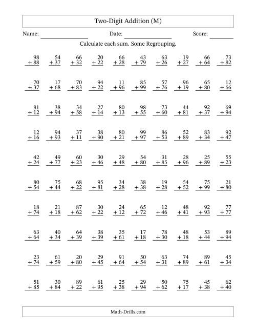 The Two-Digit Addition With Some Regrouping – 100 Questions (M) Math Worksheet