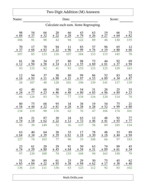 The Two-Digit Addition With Some Regrouping – 100 Questions (M) Math Worksheet Page 2