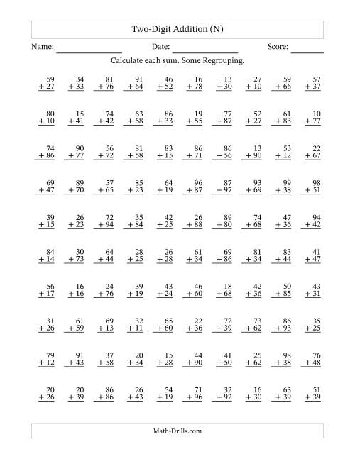 The Two-Digit Addition With Some Regrouping – 100 Questions (N) Math Worksheet